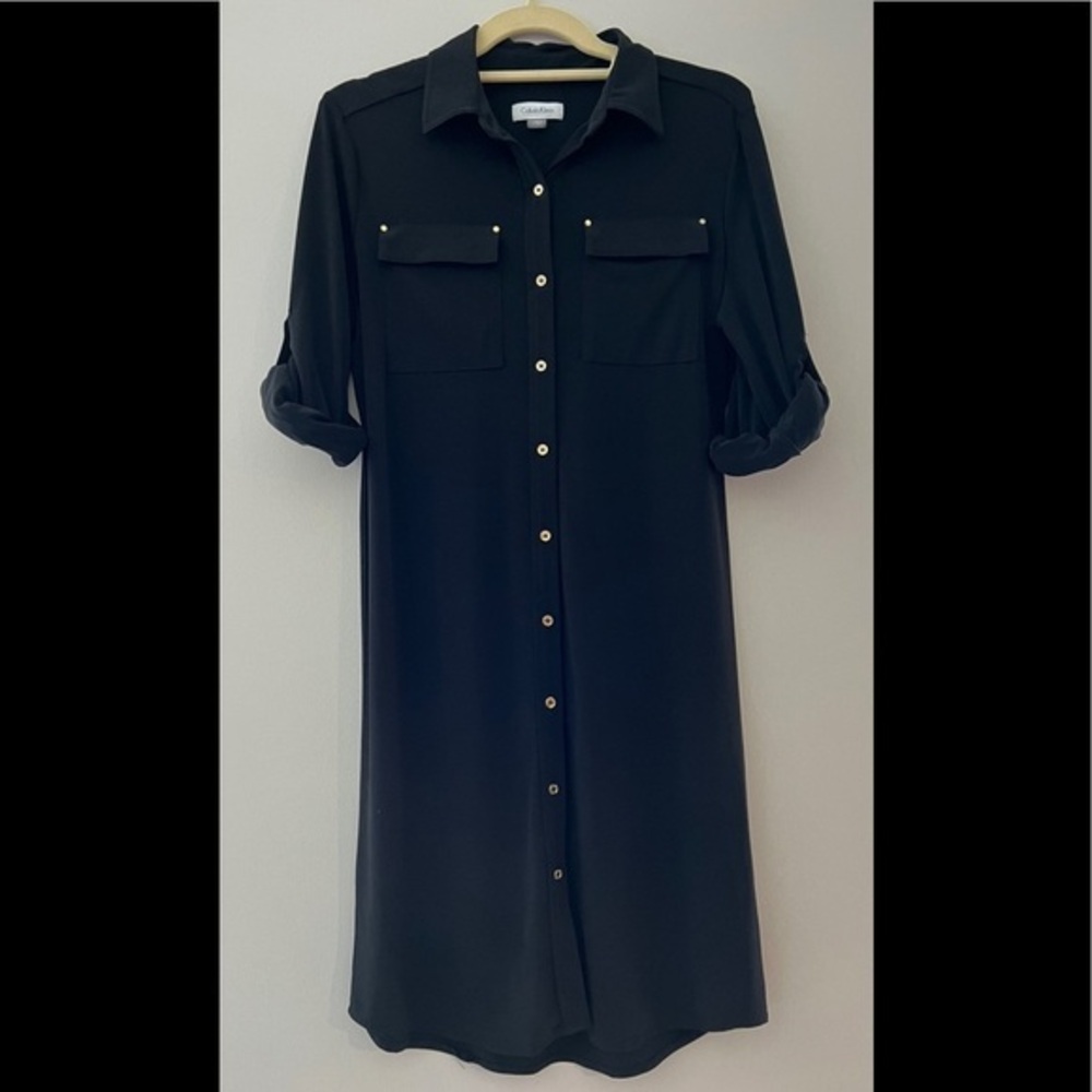 Calvin Klein Navy Gold Button Down Long Sleeve Dress